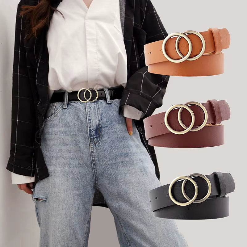 Double Ring Belts for Women Fashion Dress Jeans Belt PU Leather Metal Buckle Heart Pin Waist Belts Lady Girls Leisure Waistband