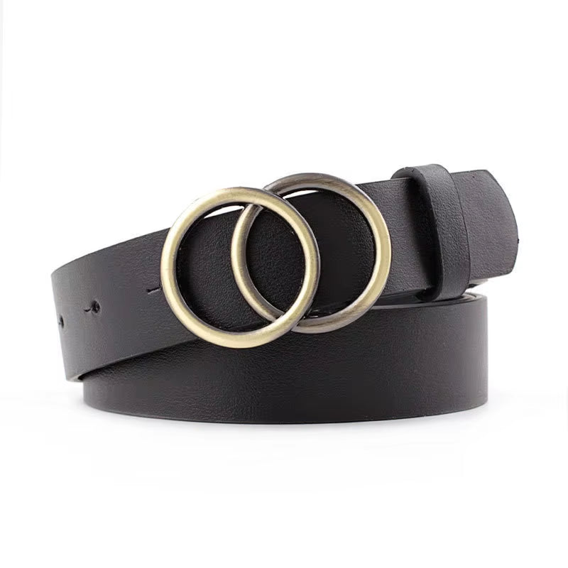Double Ring Belts for Women Fashion Dress Jeans Belt PU Leather Metal Buckle Heart Pin Waist Belts Lady Girls Leisure Waistband