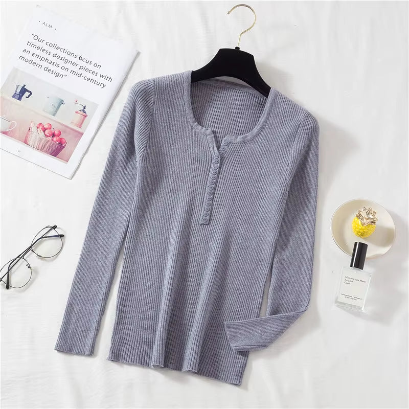 New Autumn Winter Women Long Sleeve Button Front Rib-Knit Stretchable Pull Sweater Korean Sweater Femme Jersey Jumper Pullover