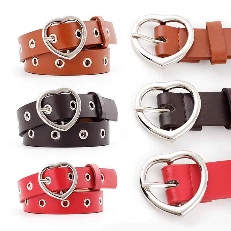 Double Ring Belts for Women Fashion Dress Jeans Belt PU Leather Metal Buckle Heart Pin Waist Belts Lady Girls Leisure Waistband