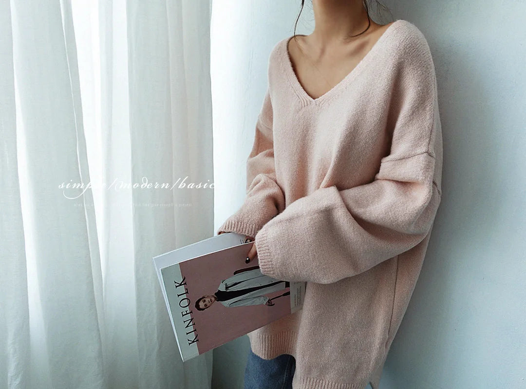 Women Autumn Oversized V Neck Full Sleeve Cozy Cashmere Sweater Loose Knitted Pullovers Solid Color Casual Jumpers