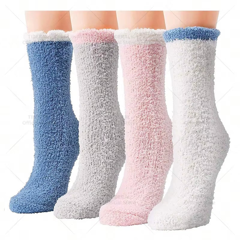4 Pairs Women Thick Winter Warm Socks Fluffy Fuzzy Floor Sleep Kawaii Socks Colorful Cute Thermal White Soft Velvet Nylon Socks