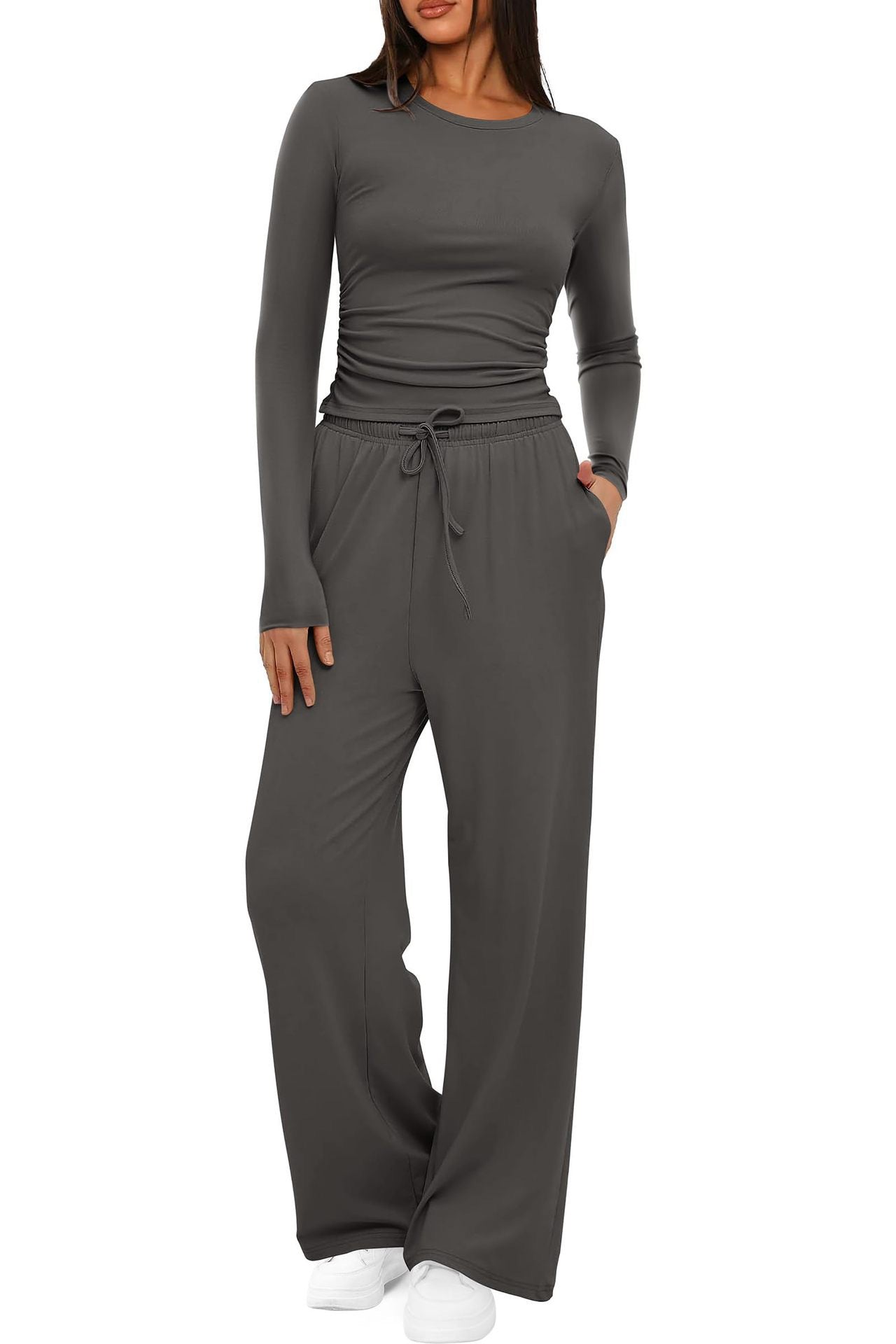 2 Pieces Women'S Suit Autumn Winte Long Sleeve Tops High Waisted Wide Leg Pants Sportswear Female Clothes Solid Color Casual Suit