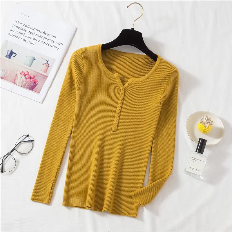 New Autumn Winter Women Long Sleeve Button Front Rib-Knit Stretchable Pull Sweater Korean Sweater Femme Jersey Jumper Pullover