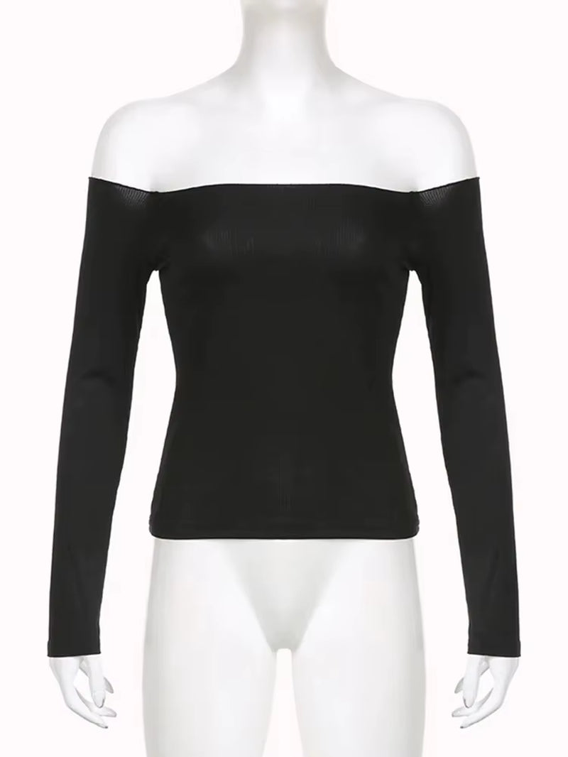 Black Solid Slash Neck Elegant Long Sleeve Tops Korean Fashion Slim Sexy Cropped T Shirt Women Fall Clothing