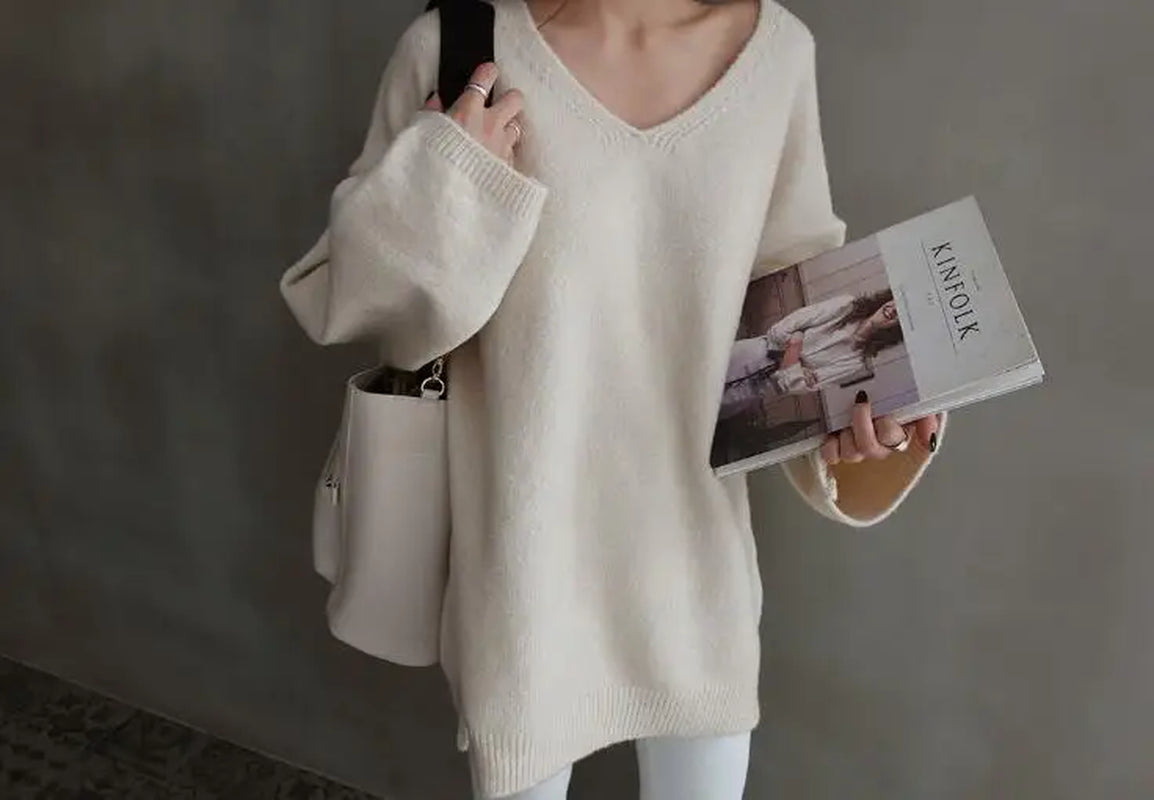 Women Autumn Oversized V Neck Full Sleeve Cozy Cashmere Sweater Loose Knitted Pullovers Solid Color Casual Jumpers