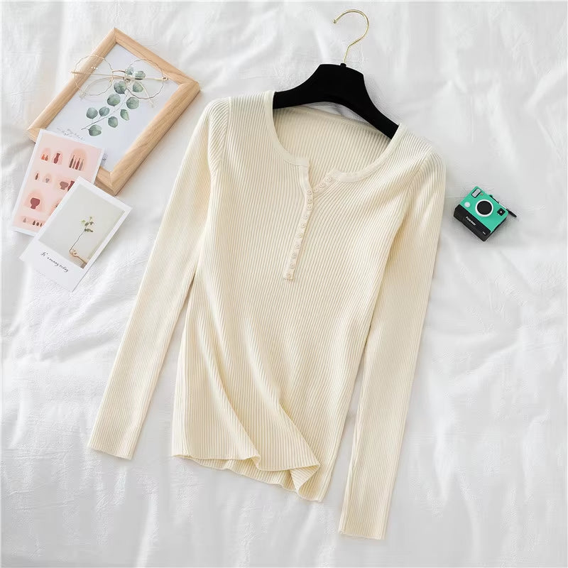 New Autumn Winter Women Long Sleeve Button Front Rib-Knit Stretchable Pull Sweater Korean Sweater Femme Jersey Jumper Pullover