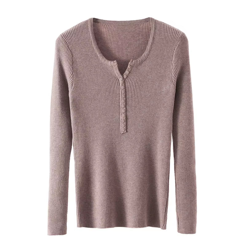 New Autumn Winter Women Long Sleeve Button Front Rib-Knit Stretchable Pull Sweater Korean Sweater Femme Jersey Jumper Pullover