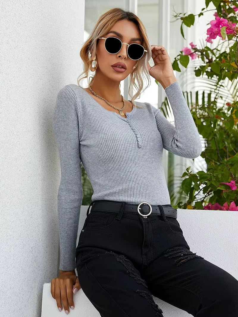 New Autumn Winter Women Long Sleeve Button Front Rib-Knit Stretchable Pull Sweater Korean Sweater Femme Jersey Jumper Pullover