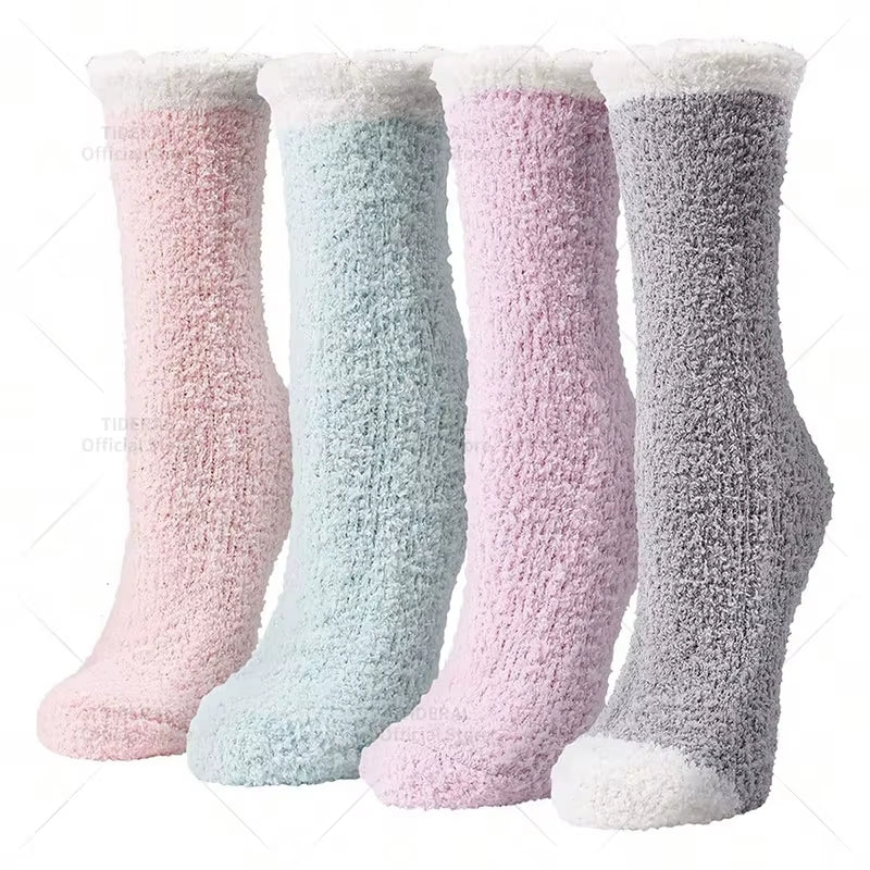 4 Pairs Women Thick Winter Warm Socks Fluffy Fuzzy Floor Sleep Kawaii Socks Colorful Cute Thermal White Soft Velvet Nylon Socks