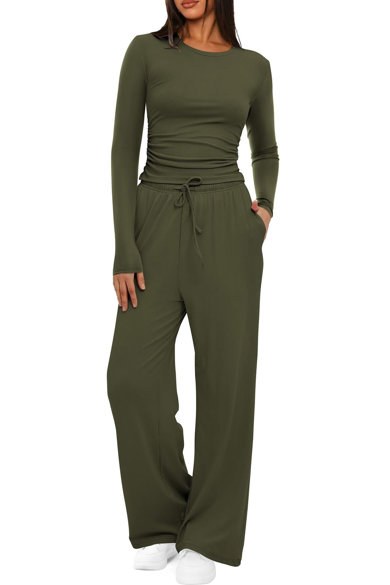 2 Pieces Women'S Suit Autumn Winte Long Sleeve Tops High Waisted Wide Leg Pants Sportswear Female Clothes Solid Color Casual Suit