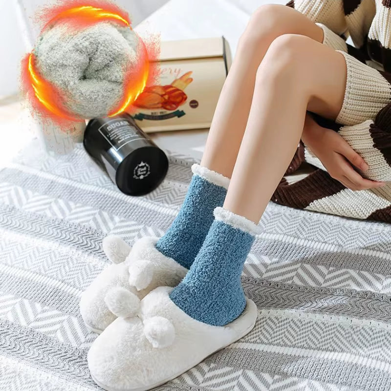 4 Pairs Women Thick Winter Warm Socks Fluffy Fuzzy Floor Sleep Kawaii Socks Colorful Cute Thermal White Soft Velvet Nylon Socks