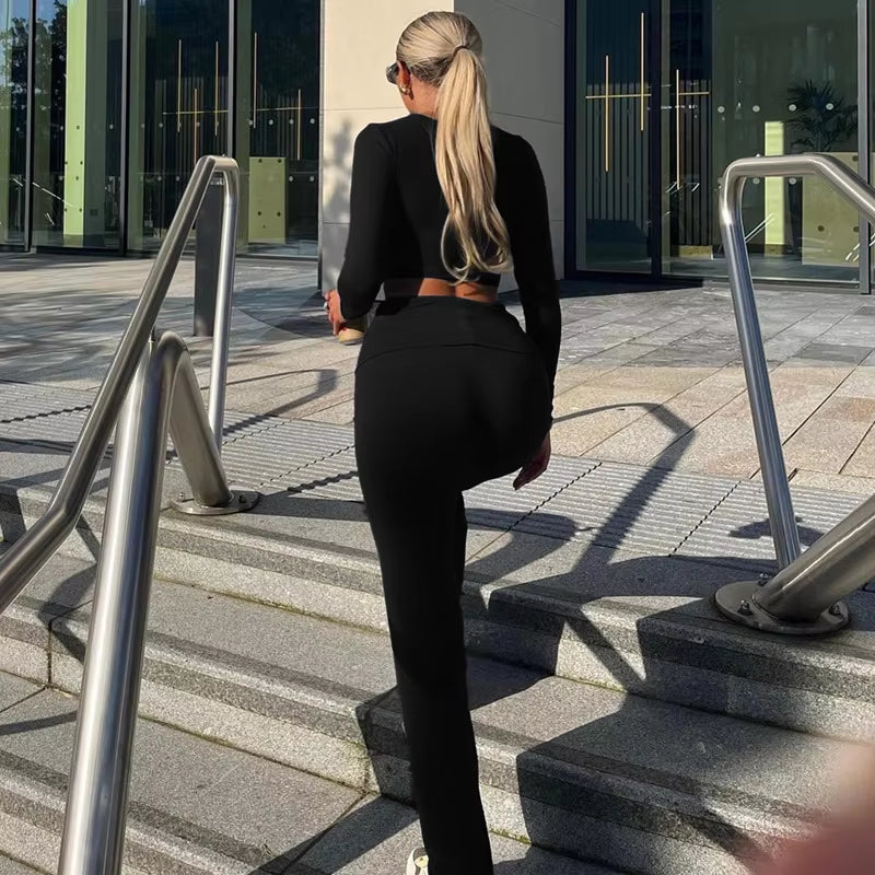 Hawthaw Women 2024 Spring Autumn Long Sleeve Crop Tops Long Pants Two Piece Matching Sets Outfits Streetwear Wholesale Items