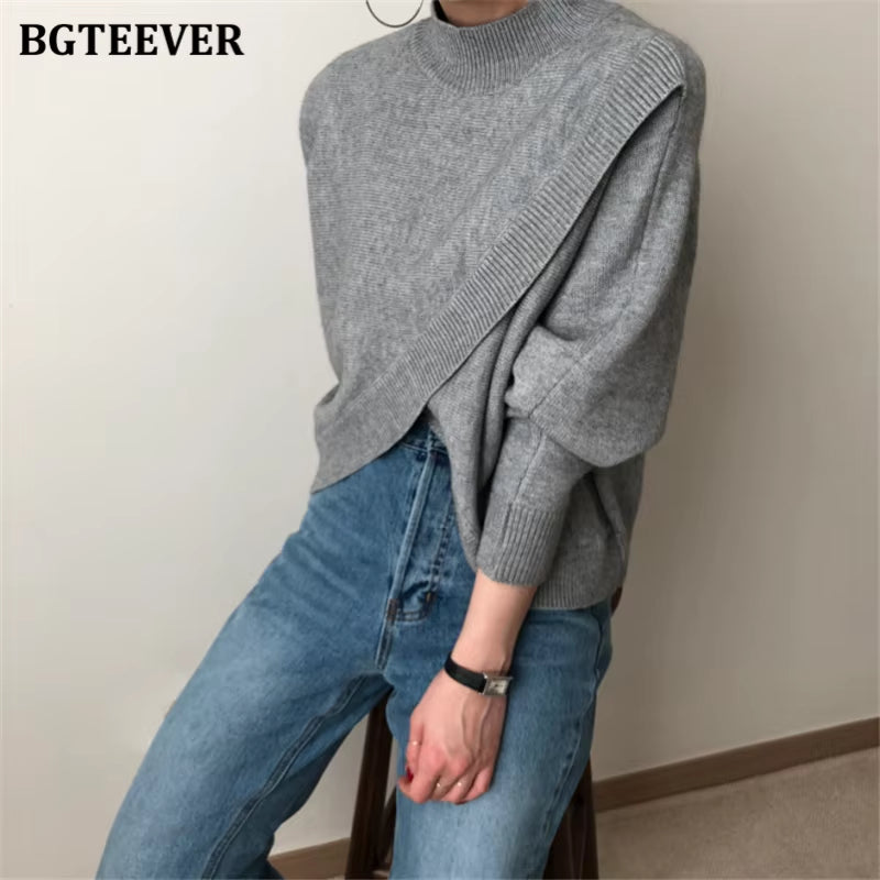 Stylish Criss-Cross Knitted Jumpers Autumn Winter Half Turtleneck Women Sweater Pullovers Loose Female Knit Tops
