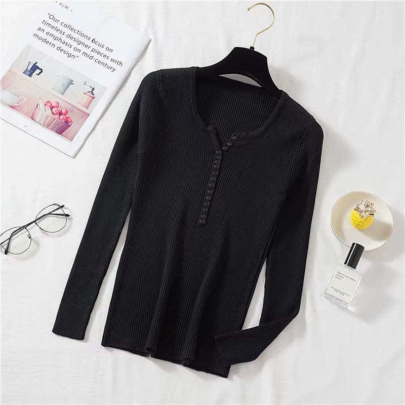 New Autumn Winter Women Long Sleeve Button Front Rib-Knit Stretchable Pull Sweater Korean Sweater Femme Jersey Jumper Pullover