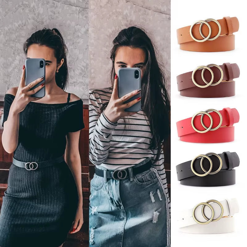 Double Ring Belts for Women Fashion Dress Jeans Belt PU Leather Metal Buckle Heart Pin Waist Belts Lady Girls Leisure Waistband