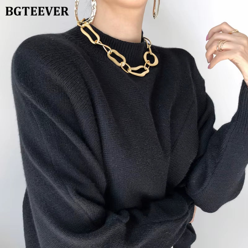Stylish Criss-Cross Knitted Jumpers Autumn Winter Half Turtleneck Women Sweater Pullovers Loose Female Knit Tops