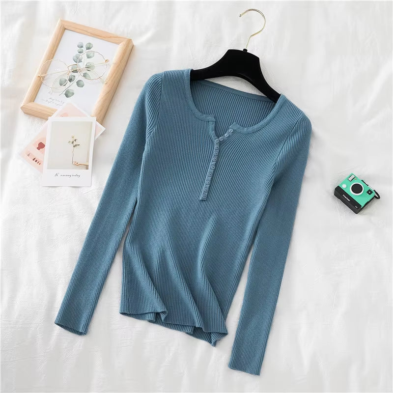 New Autumn Winter Women Long Sleeve Button Front Rib-Knit Stretchable Pull Sweater Korean Sweater Femme Jersey Jumper Pullover