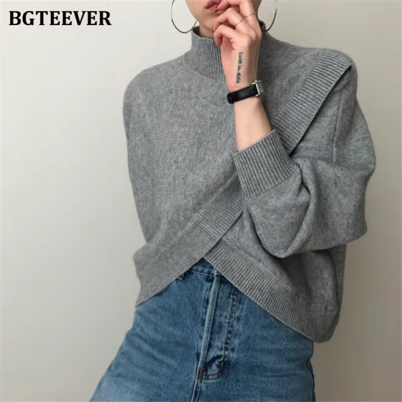 Stylish Criss-Cross Knitted Jumpers Autumn Winter Half Turtleneck Women Sweater Pullovers Loose Female Knit Tops