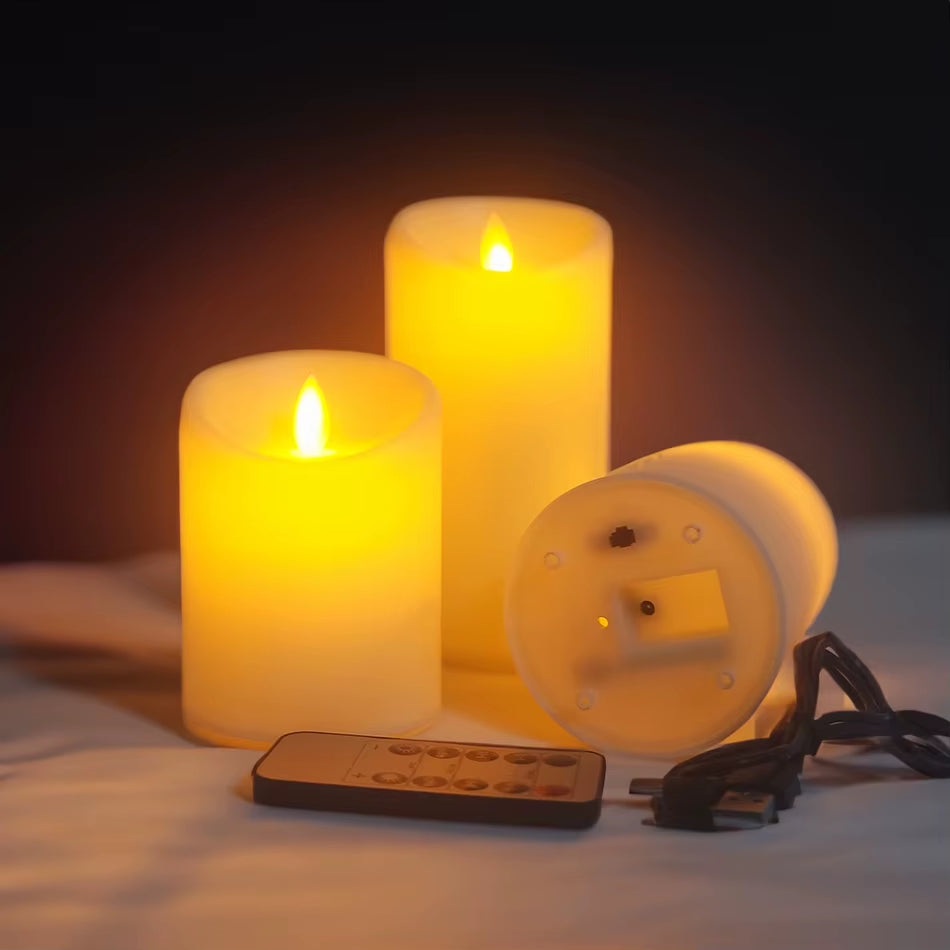 3Pcs/Set USB Rechargeable Flameless Electric Led Candles with Remote Control,Pillar Candles Home Decor., Wedding Decoration