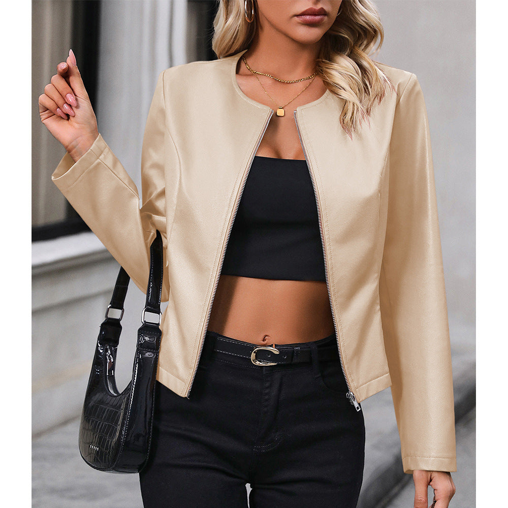 Casual Long-Sleeve Solid Color Jacket Motorcycle Leather Coat Tops for Women Outwear