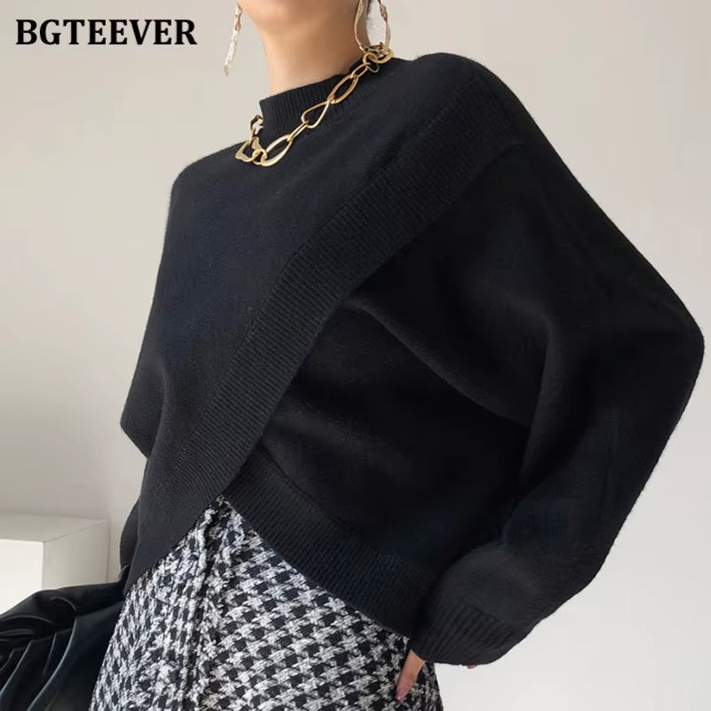 Stylish Criss-Cross Knitted Jumpers Autumn Winter Half Turtleneck Women Sweater Pullovers Loose Female Knit Tops