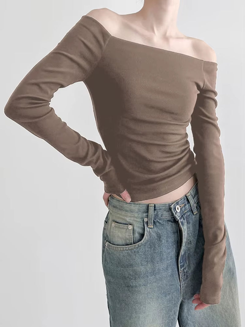 Black Solid Slash Neck Elegant Long Sleeve Tops Korean Fashion Slim Sexy Cropped T Shirt Women Fall Clothing