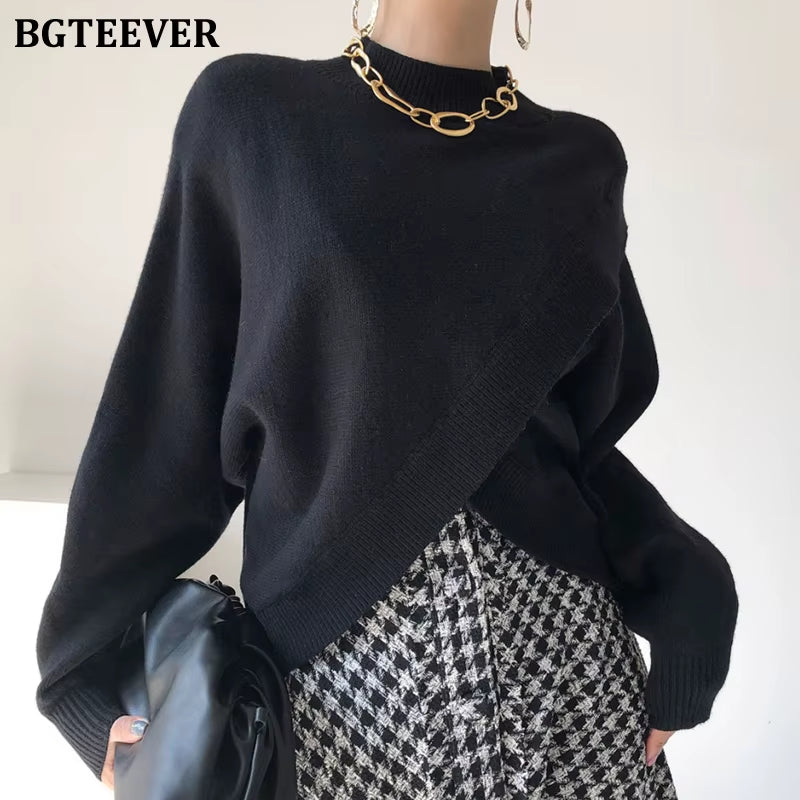 Stylish Criss-Cross Knitted Jumpers Autumn Winter Half Turtleneck Women Sweater Pullovers Loose Female Knit Tops