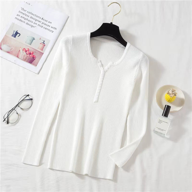 New Autumn Winter Women Long Sleeve Button Front Rib-Knit Stretchable Pull Sweater Korean Sweater Femme Jersey Jumper Pullover