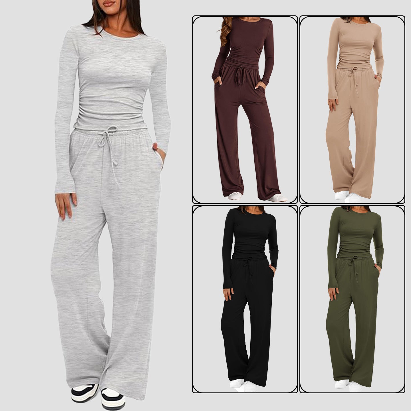 2 Pieces Women'S Suit Autumn Winte Long Sleeve Tops High Waisted Wide Leg Pants Sportswear Female Clothes Solid Color Casual Suit