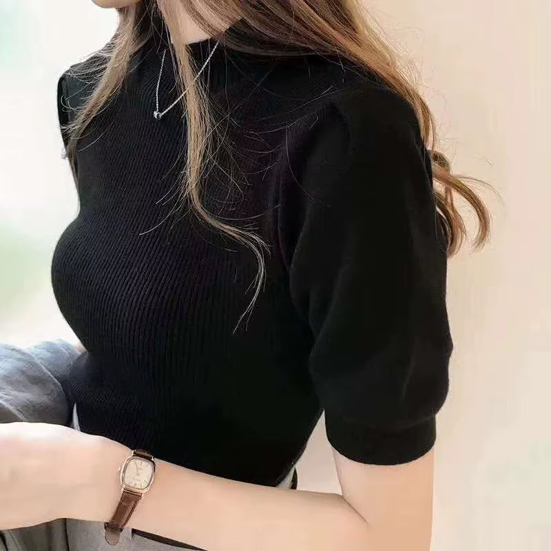 Half Turtleneck Knitted T-Shirts Tops Woman Slim Short Puff Sleeve Buttons Soft Solid Autumn T-Shirt Tee Female