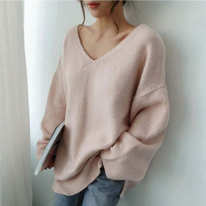Women Autumn Oversized V Neck Full Sleeve Cozy Cashmere Sweater Loose Knitted Pullovers Solid Color Casual Jumpers