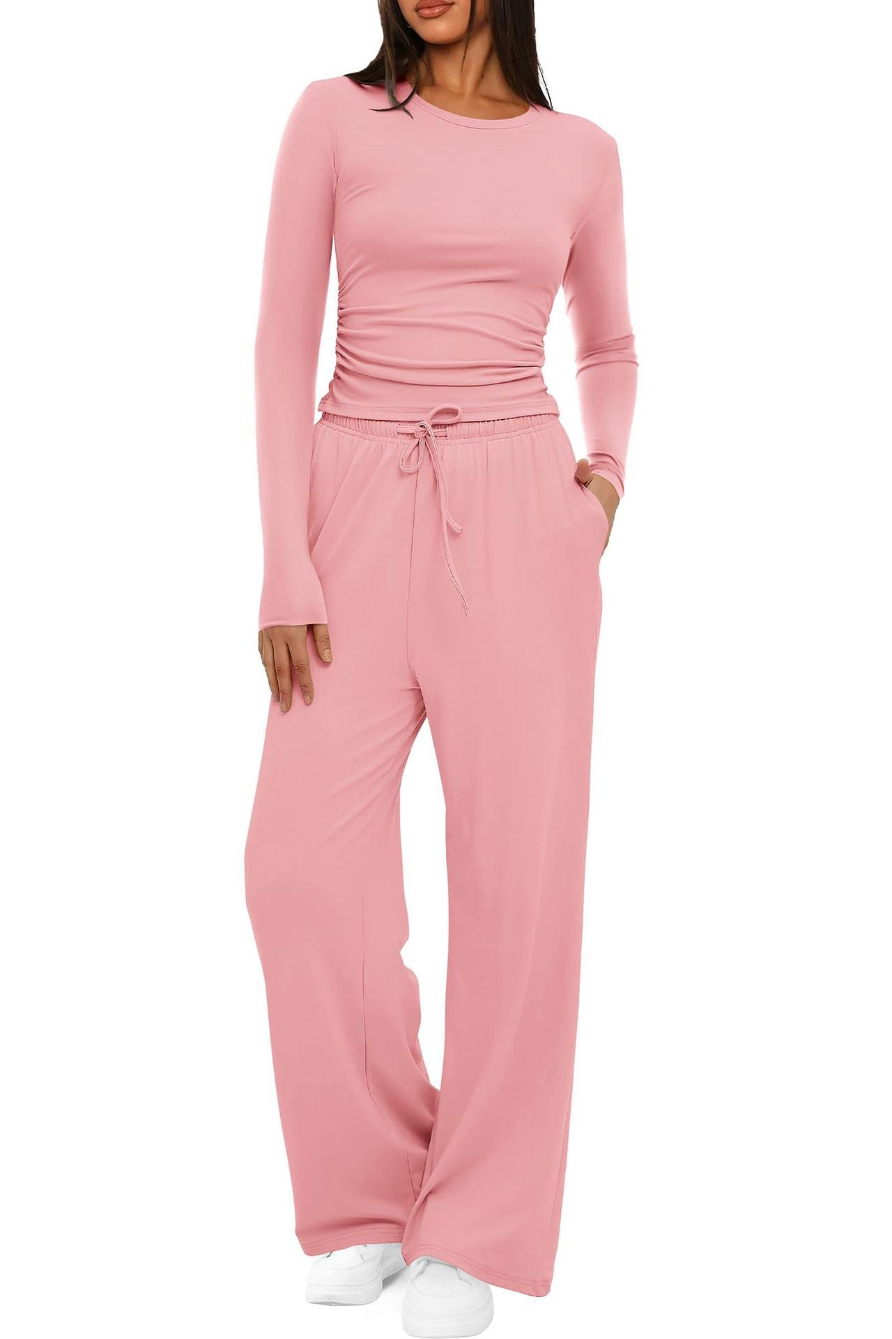 2 Pieces Women'S Suit Autumn Winte Long Sleeve Tops High Waisted Wide Leg Pants Sportswear Female Clothes Solid Color Casual Suit