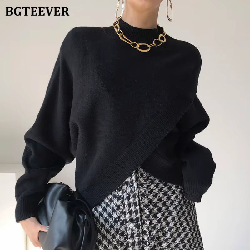 Stylish Criss-Cross Knitted Jumpers Autumn Winter Half Turtleneck Women Sweater Pullovers Loose Female Knit Tops