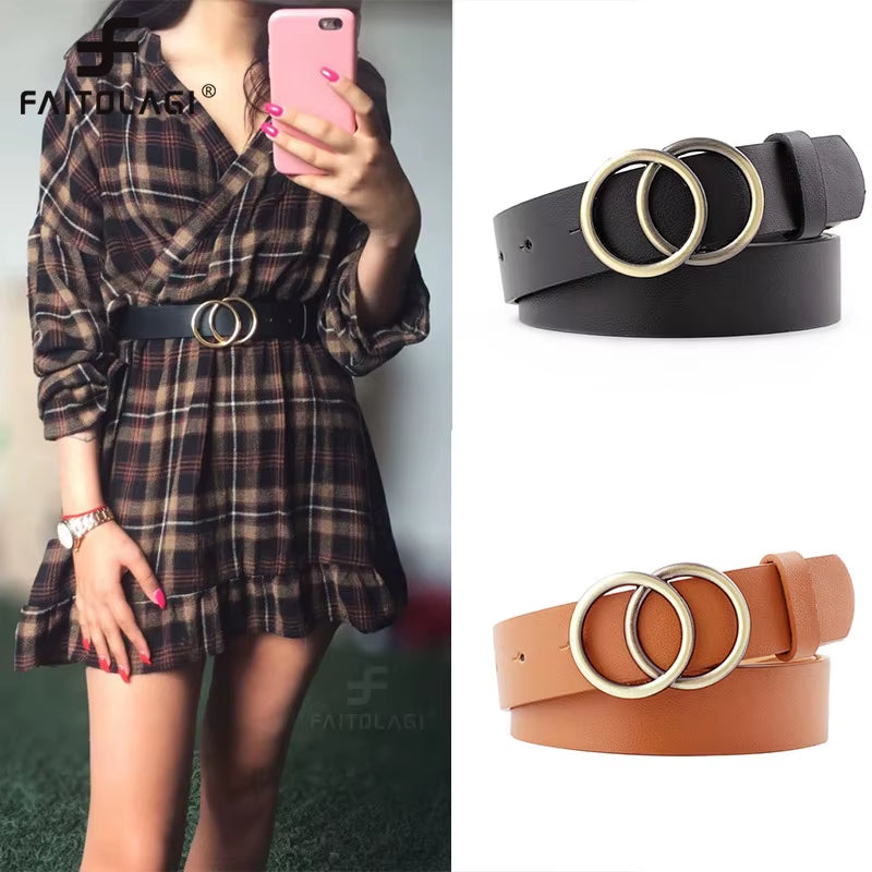 Double Ring Belts for Women Fashion Dress Jeans Belt PU Leather Metal Buckle Heart Pin Waist Belts Lady Girls Leisure Waistband