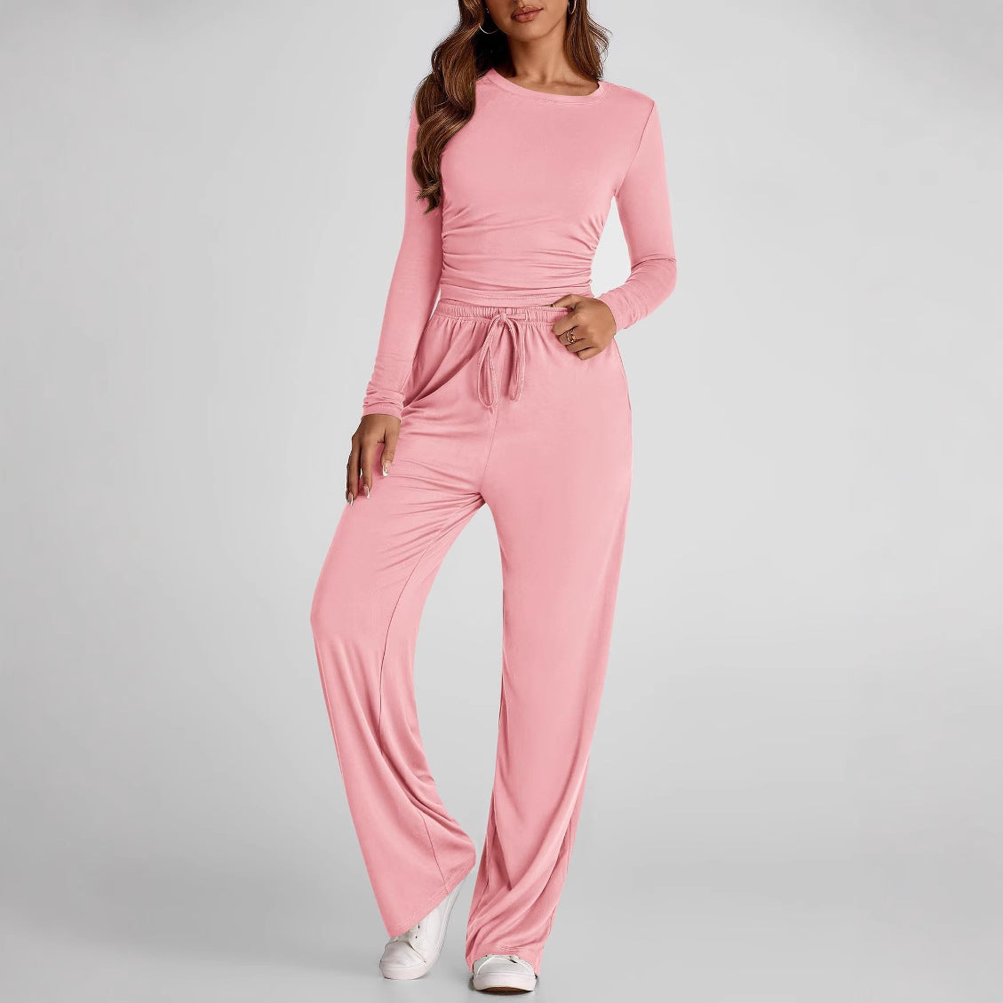 2 Pieces Women'S Suit Autumn Winte Long Sleeve Tops High Waisted Wide Leg Pants Sportswear Female Clothes Solid Color Casual Suit