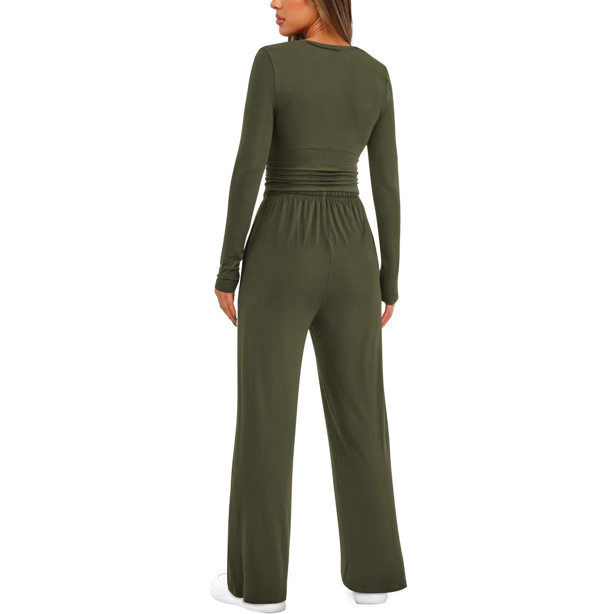 2 Pieces Women'S Suit Autumn Winte Long Sleeve Tops High Waisted Wide Leg Pants Sportswear Female Clothes Solid Color Casual Suit