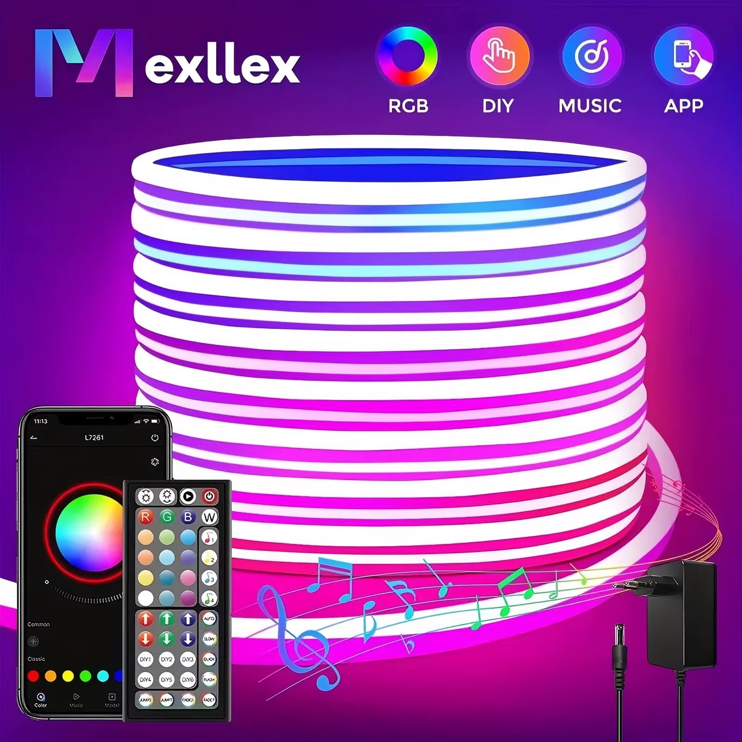 Flexible RGB LED Lights,Neon LED Rope Lights,Led Lights for Bedroom Flexible LED Light Strip with Remote and APP Control RGB