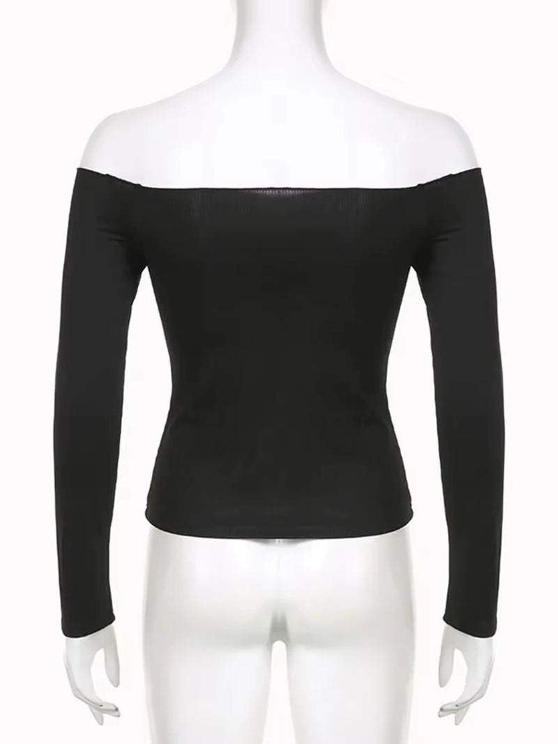 Black Solid Slash Neck Elegant Long Sleeve Tops Korean Fashion Slim Sexy Cropped T Shirt Women Fall Clothing