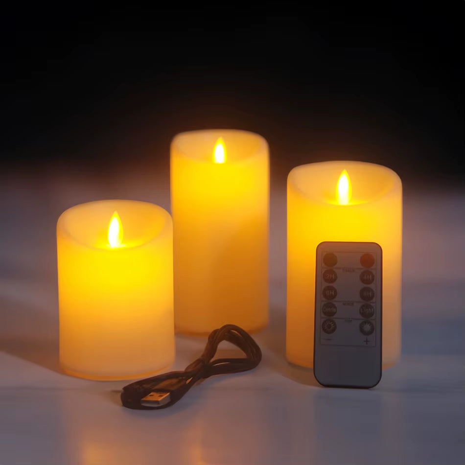 3Pcs/Set USB Rechargeable Flameless Electric Led Candles with Remote Control,Pillar Candles Home Decor., Wedding Decoration