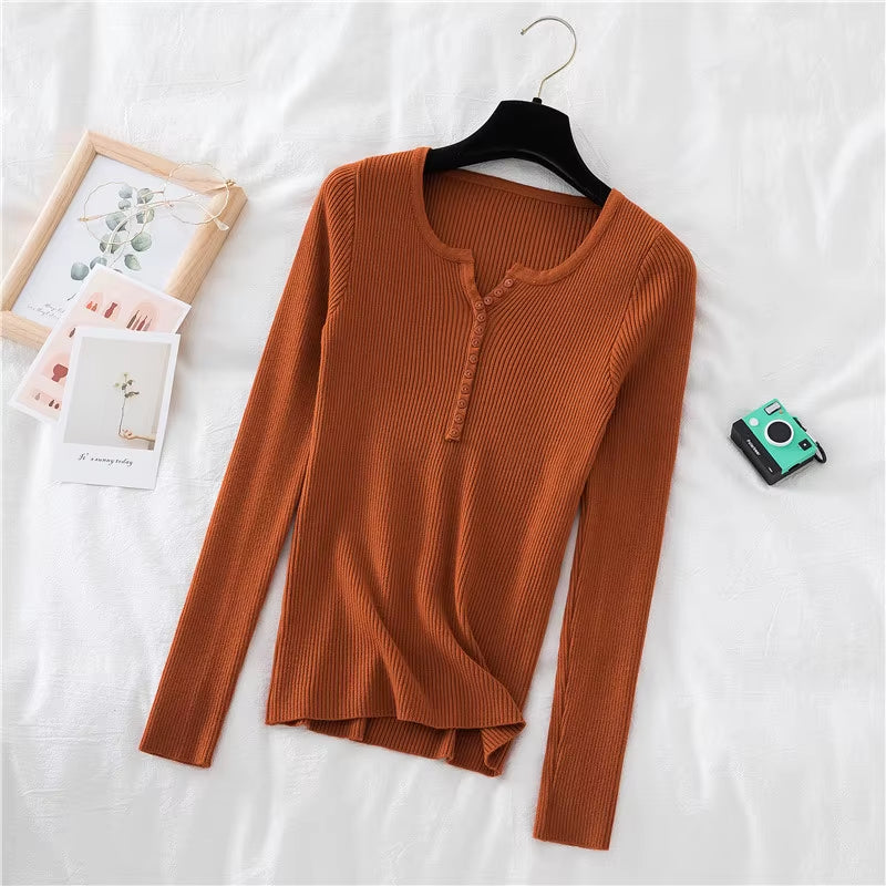 New Autumn Winter Women Long Sleeve Button Front Rib-Knit Stretchable Pull Sweater Korean Sweater Femme Jersey Jumper Pullover