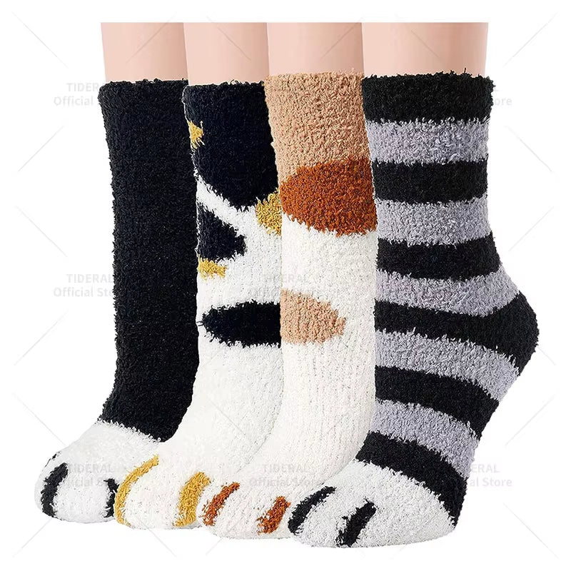 4 Pairs Women Thick Winter Warm Socks Fluffy Fuzzy Floor Sleep Kawaii Socks Colorful Cute Thermal White Soft Velvet Nylon Socks