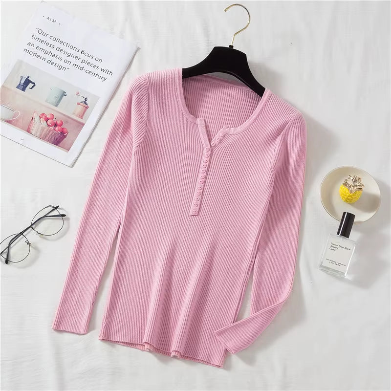 New Autumn Winter Women Long Sleeve Button Front Rib-Knit Stretchable Pull Sweater Korean Sweater Femme Jersey Jumper Pullover