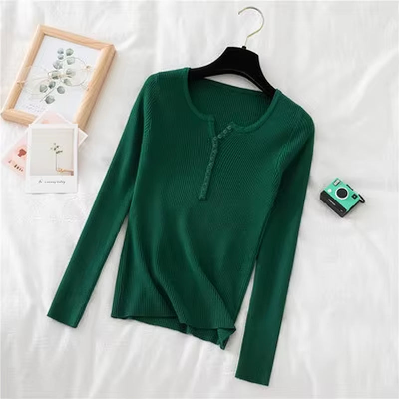 New Autumn Winter Women Long Sleeve Button Front Rib-Knit Stretchable Pull Sweater Korean Sweater Femme Jersey Jumper Pullover