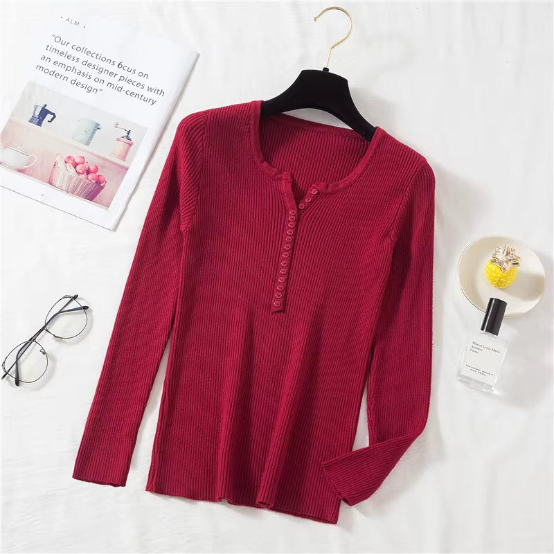 New Autumn Winter Women Long Sleeve Button Front Rib-Knit Stretchable Pull Sweater Korean Sweater Femme Jersey Jumper Pullover