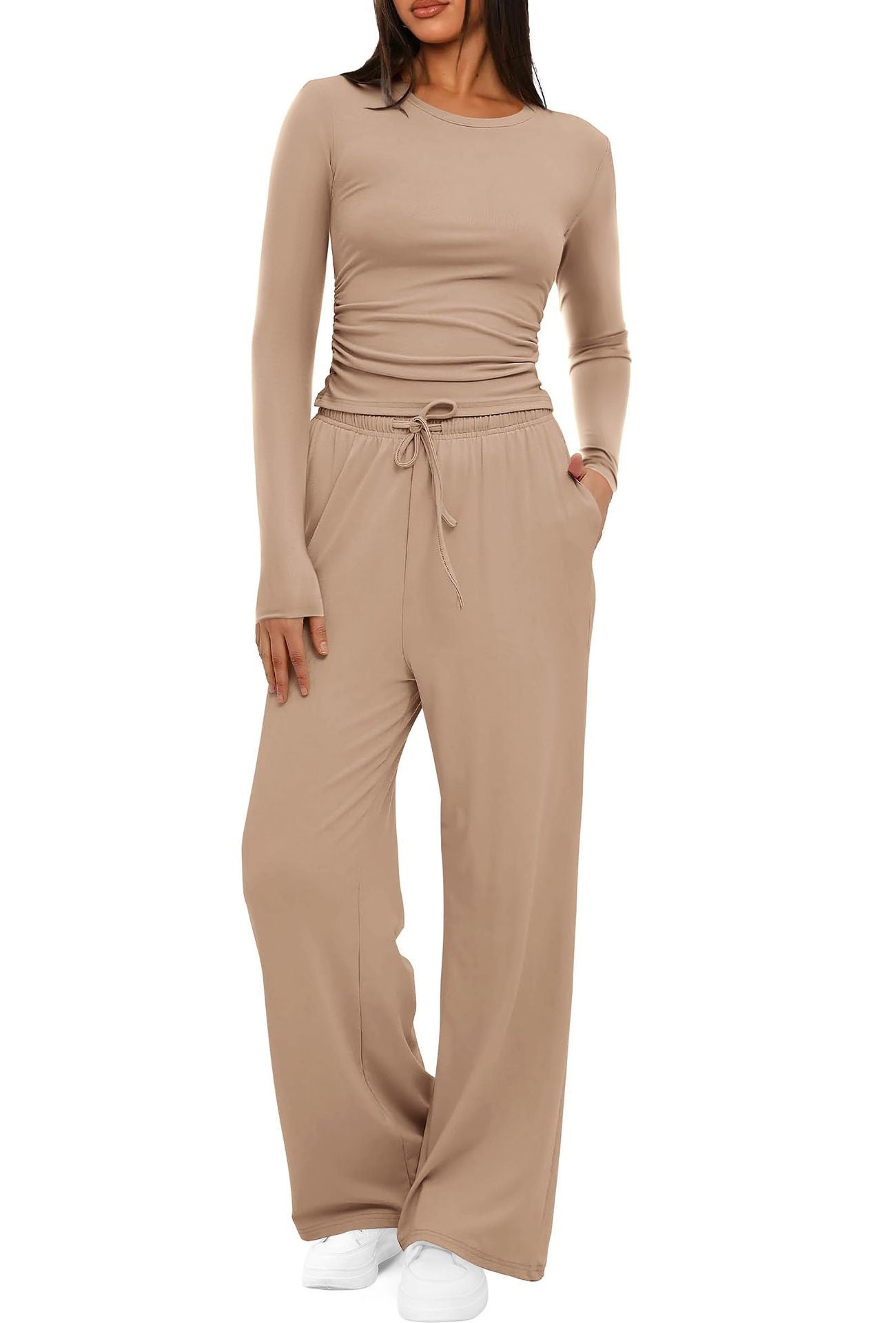 2 Pieces Women'S Suit Autumn Winte Long Sleeve Tops High Waisted Wide Leg Pants Sportswear Female Clothes Solid Color Casual Suit