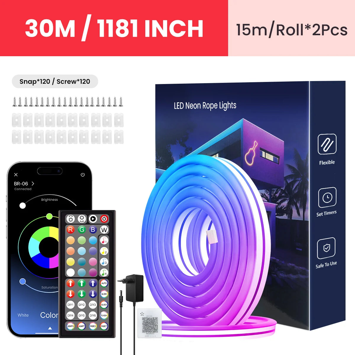 Flexible RGB LED Lights,Neon LED Rope Lights,Led Lights for Bedroom Flexible LED Light Strip with Remote and APP Control RGB