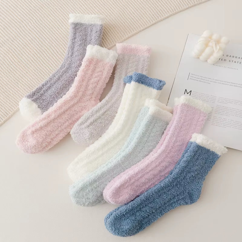 4 Pairs Women Thick Winter Warm Socks Fluffy Fuzzy Floor Sleep Kawaii Socks Colorful Cute Thermal White Soft Velvet Nylon Socks