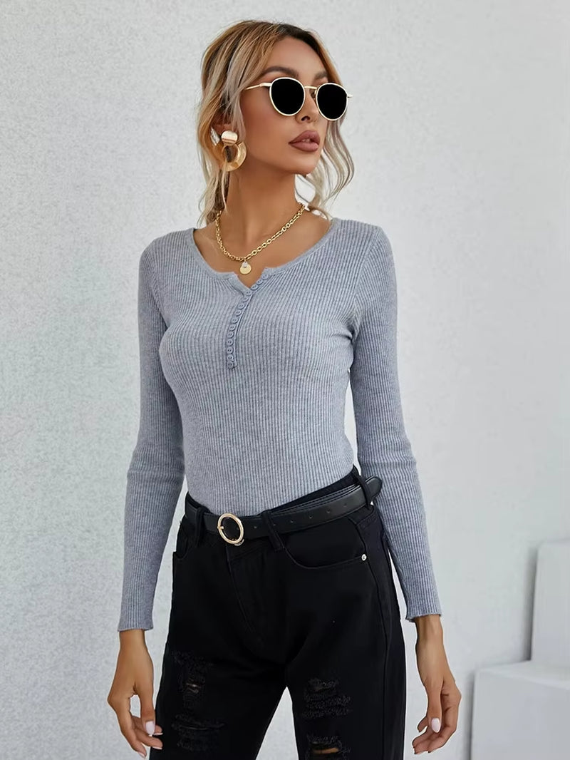 New Autumn Winter Women Long Sleeve Button Front Rib-Knit Stretchable Pull Sweater Korean Sweater Femme Jersey Jumper Pullover