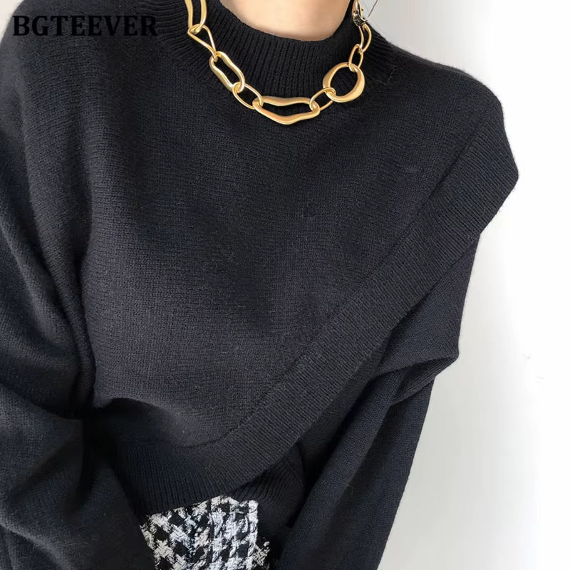 Stylish Criss-Cross Knitted Jumpers Autumn Winter Half Turtleneck Women Sweater Pullovers Loose Female Knit Tops